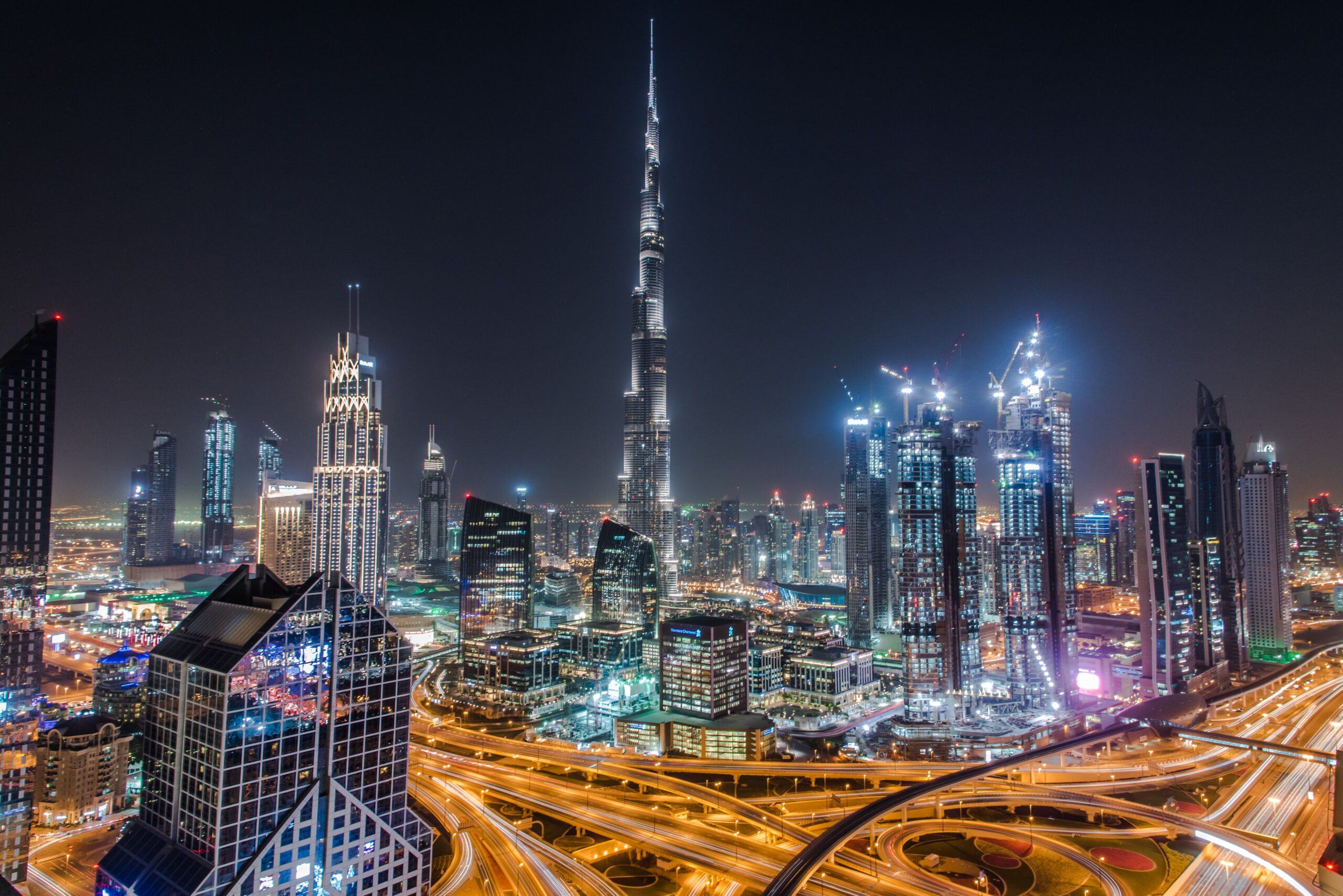 Dubai skyline at night with Burj Khalifa, near 48 Burj Gate, Downtown Dubai