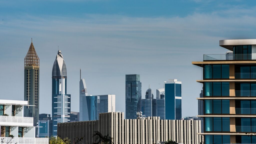 Dubai skyline on a clear day featuring distinctive tower silhouettes