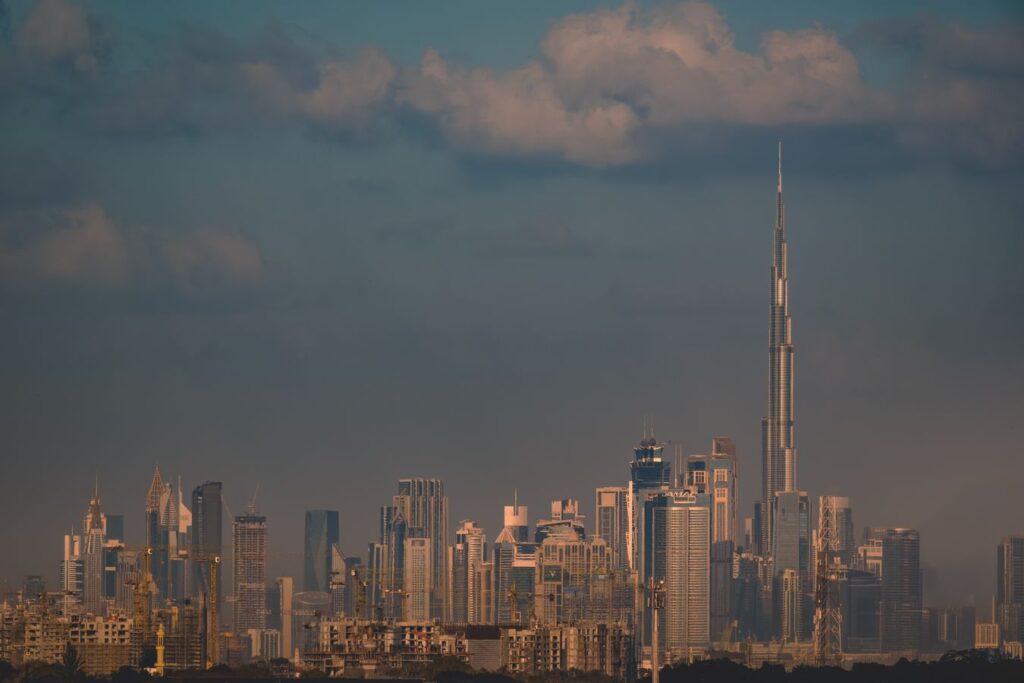 Dubai Downtown skyline at dusk with Burj Khalifa, near Forte Tower 1, Opera District