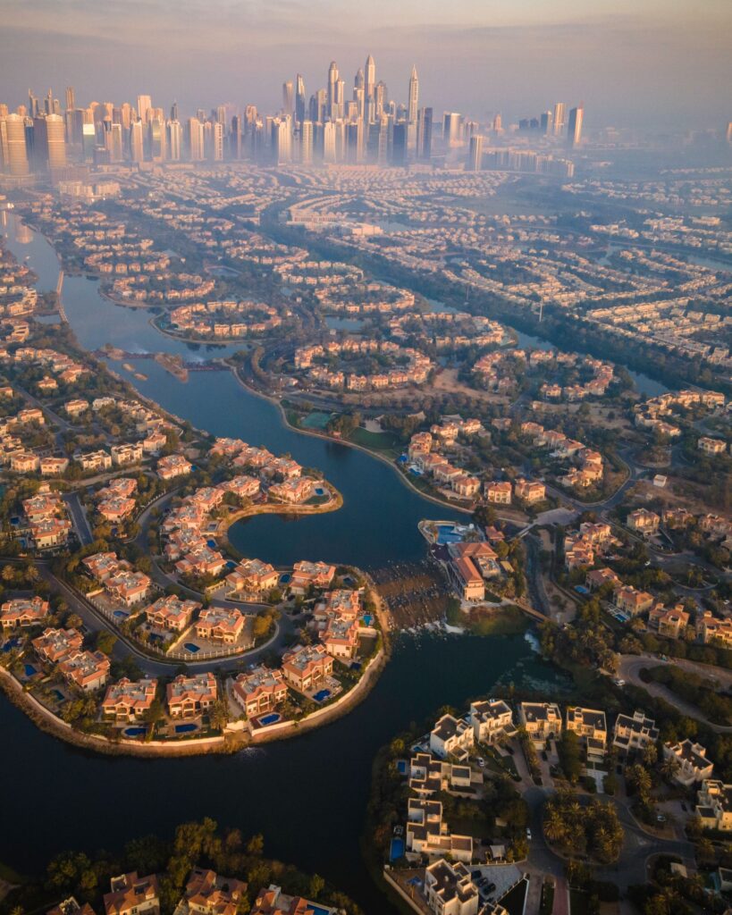 Aerial view of Dubai residential and urban landscape at sunrise, representative of the MBR City masterplan