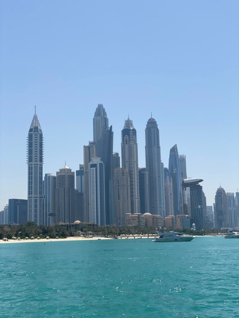 Skyline of Dubai skyscrapers seen from the sea near Grand Bleu Tower 2, Emaar Beachfront