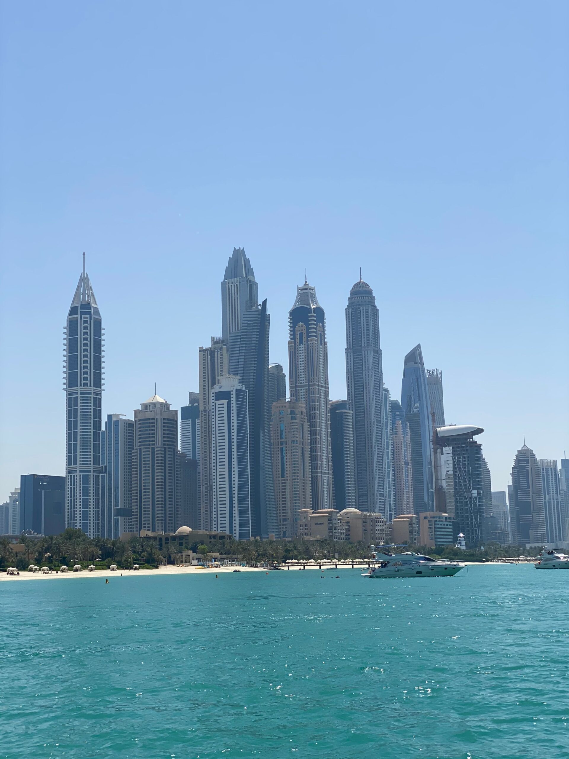 Skyline of Dubai skyscrapers seen from the sea near Grand Bleu Tower 2, Emaar Beachfront