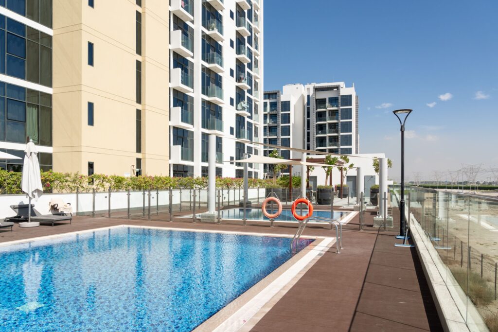 Dubai residential apartment building exterior against a clear sky