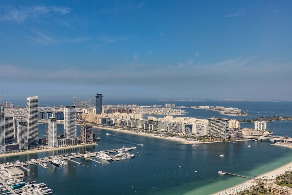 Aerial view of Dubai coastline near Dubai Harbour and Emaar Beachfront