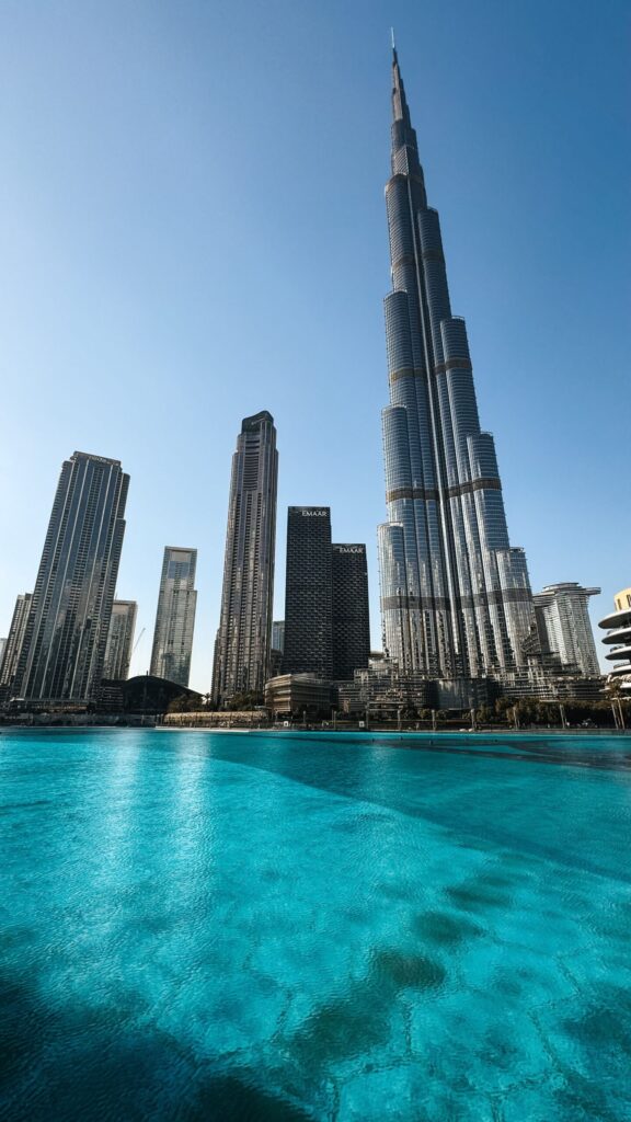 Burj Khalifa and the Downtown Dubai skyline reflected in the Burj Khalifa Lake under a clear blue sky