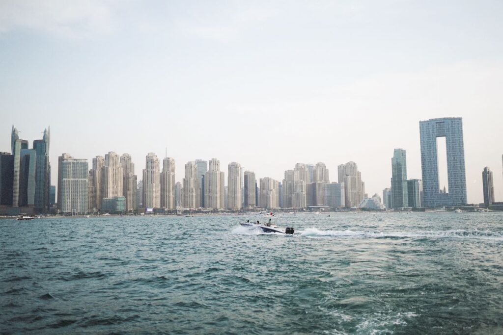 JBR beachfront residential towers viewed from the water near Rimal 5, Dubai