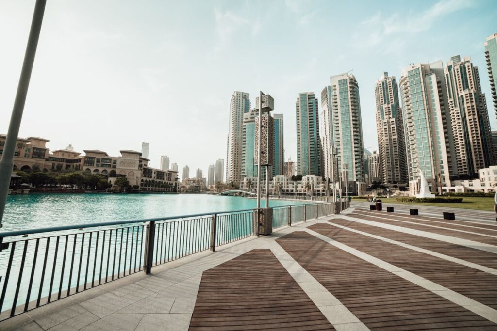 Waterfront towers reflecting in a canal in Business Bay, Dubai