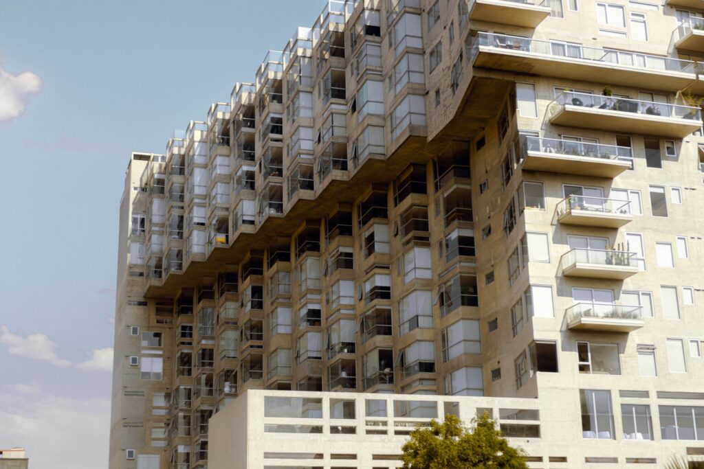 Modern mid-rise apartment building with glazed balconies near Golden Mile 2, Palm Jumeirah