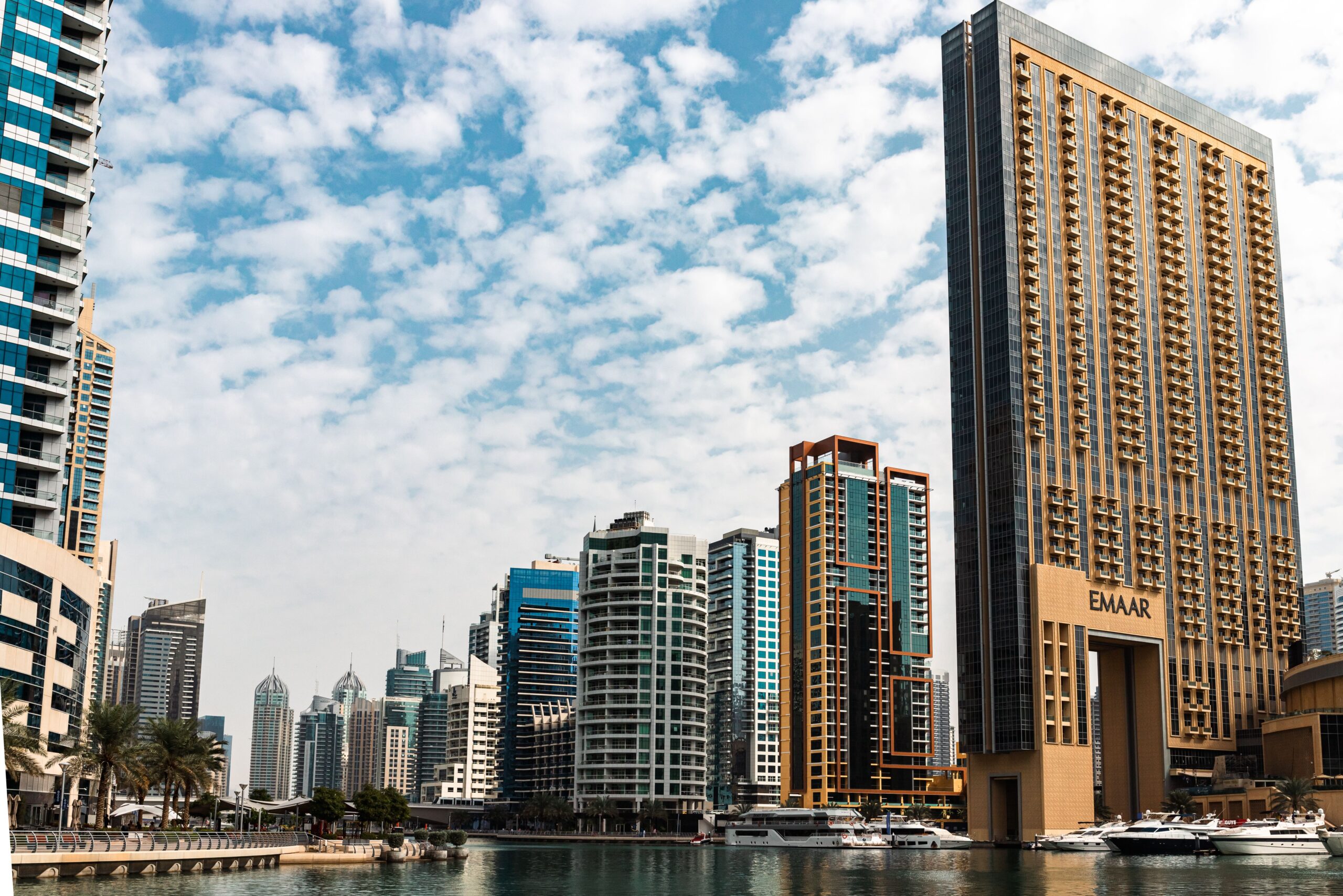 Dubai Marina skyscrapers beside the marina on a sunny day