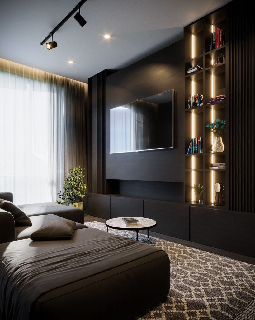 Dark-toned modern living room interior with wood panelling and ambient lighting, in a Dubai apartment