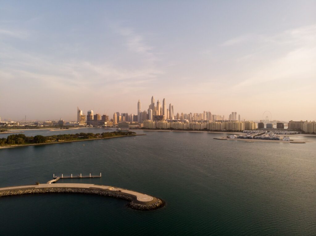 Aerial view of the Dubai Harbour and Dubai Marina skyline near Beach Isle Tower 2, Emaar Beachfront