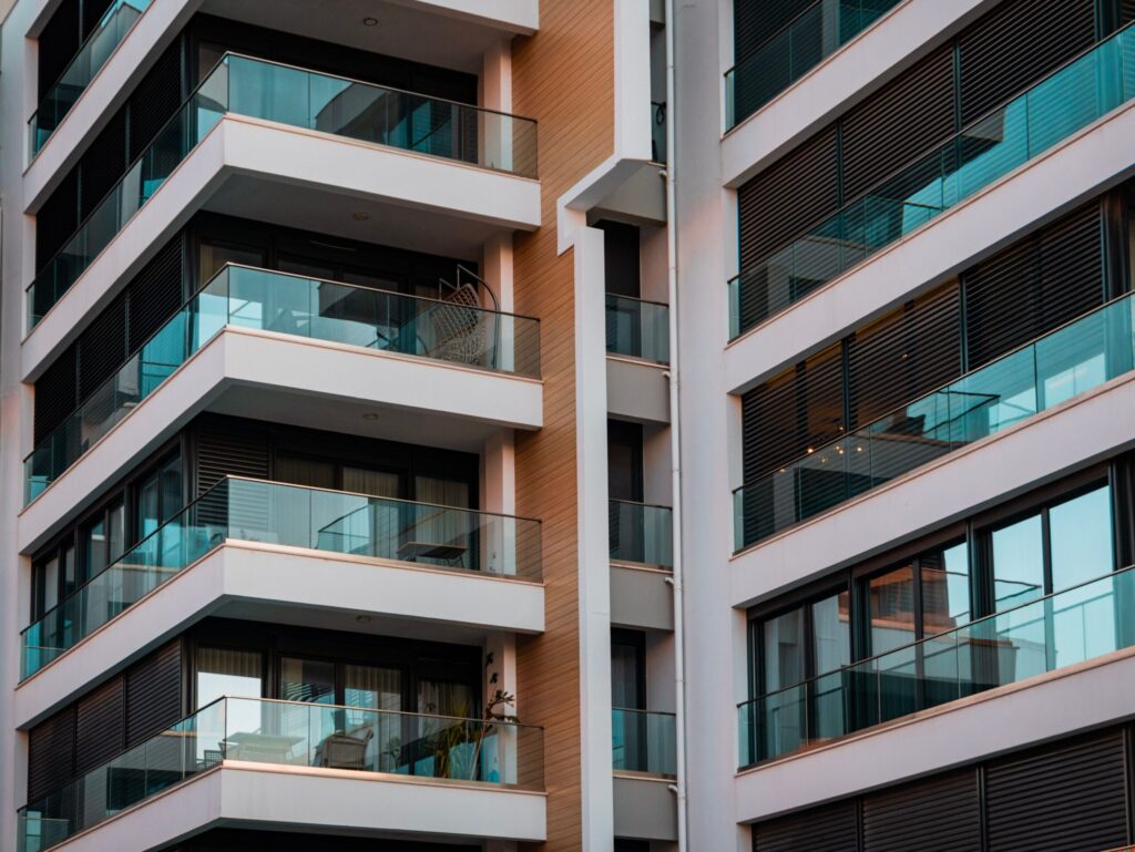 Dusk view of modern balconies on a Palm Jumeirah residential tower near Marina Residences 2