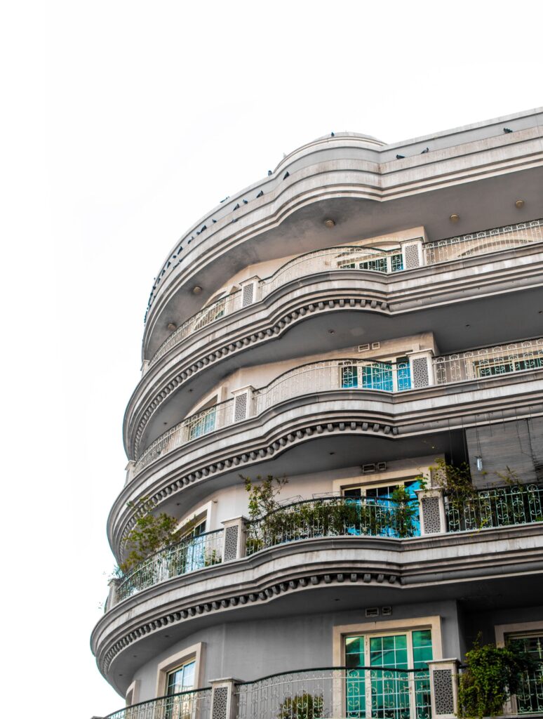 Binghatti Rose curved balcony apartment facade in Jumeirah Village Circle, Dubai
