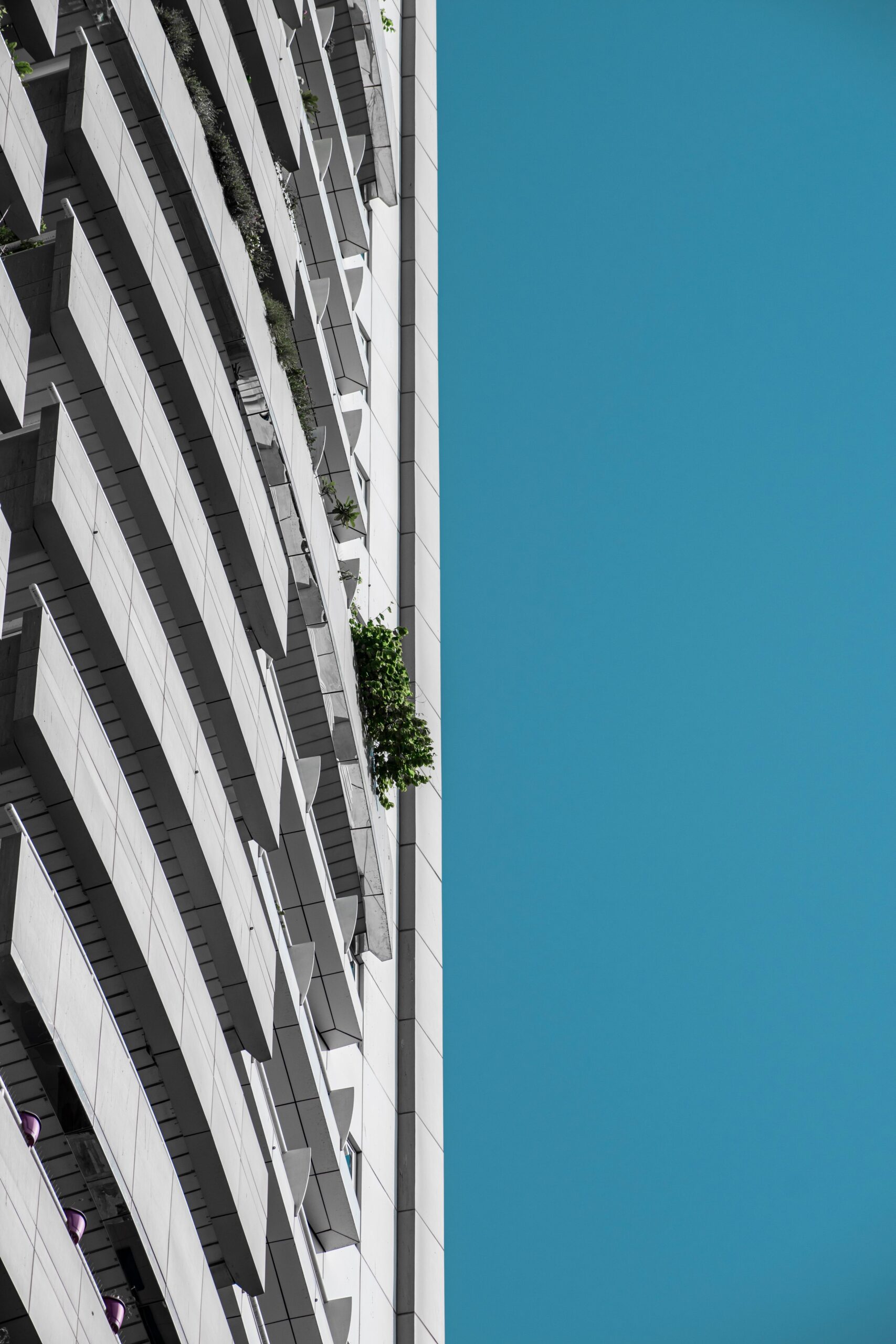 Upward view of a modern Dubai residential building facade with balconies against a clear blue sky, representative of the Arjan area around Divine Living