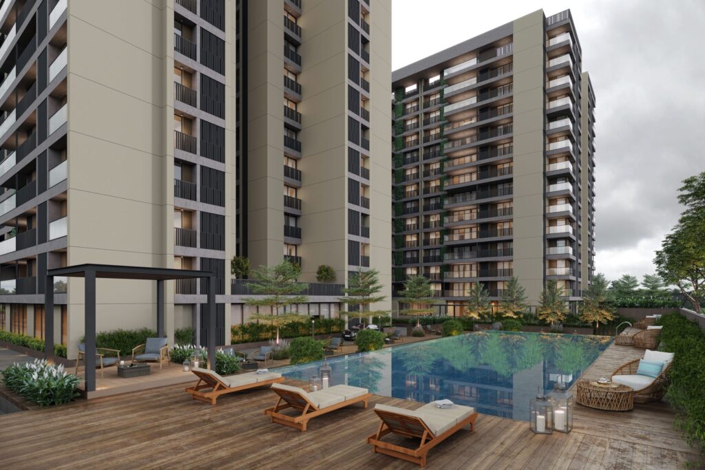 Rendered apartment towers with a swimming pool and sun loungers on a wooden deck