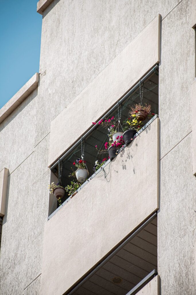 Sunlit apartment balcony with potted flowers on a residential building in Dubai