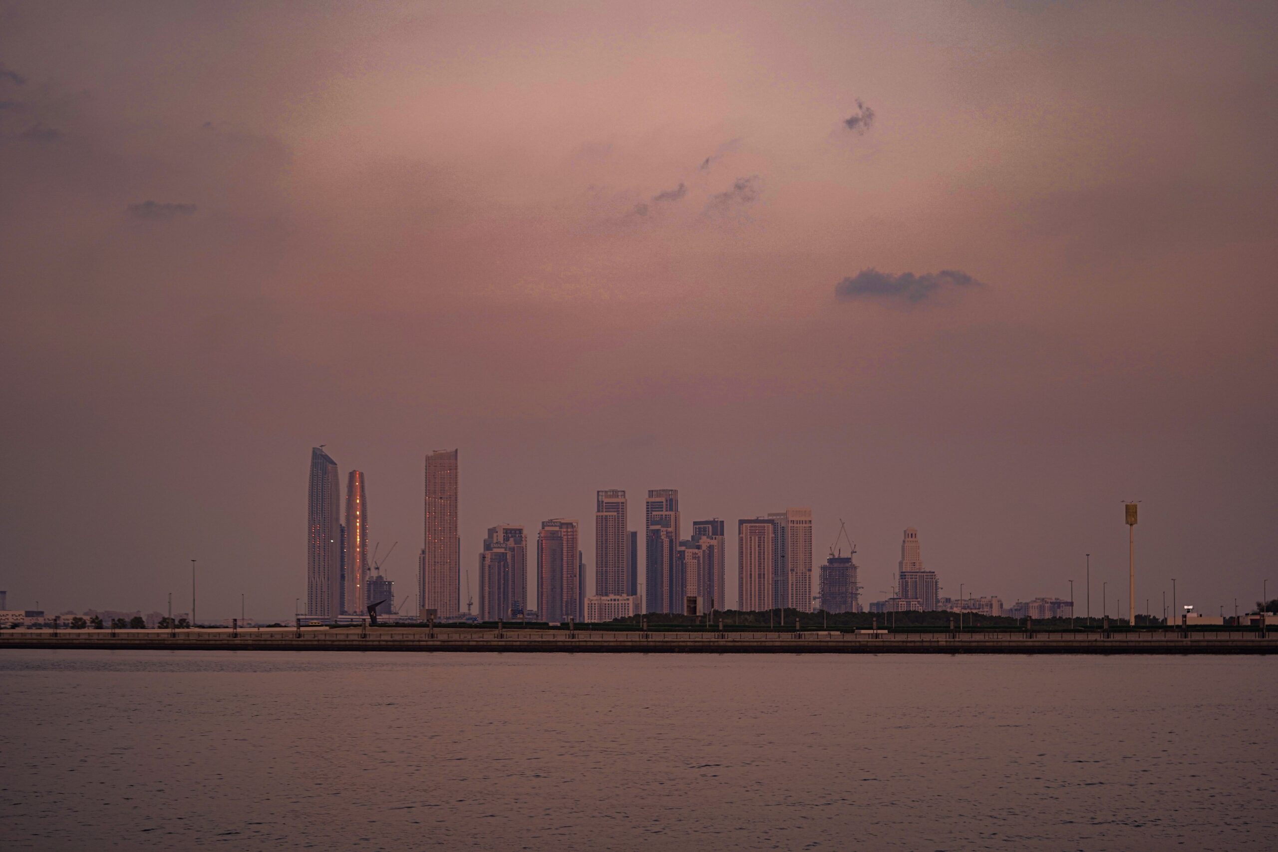 Generic Dubai waterfront skyline silhouette at dusk, representative of the Healthcare City area near Creek Heights Residences