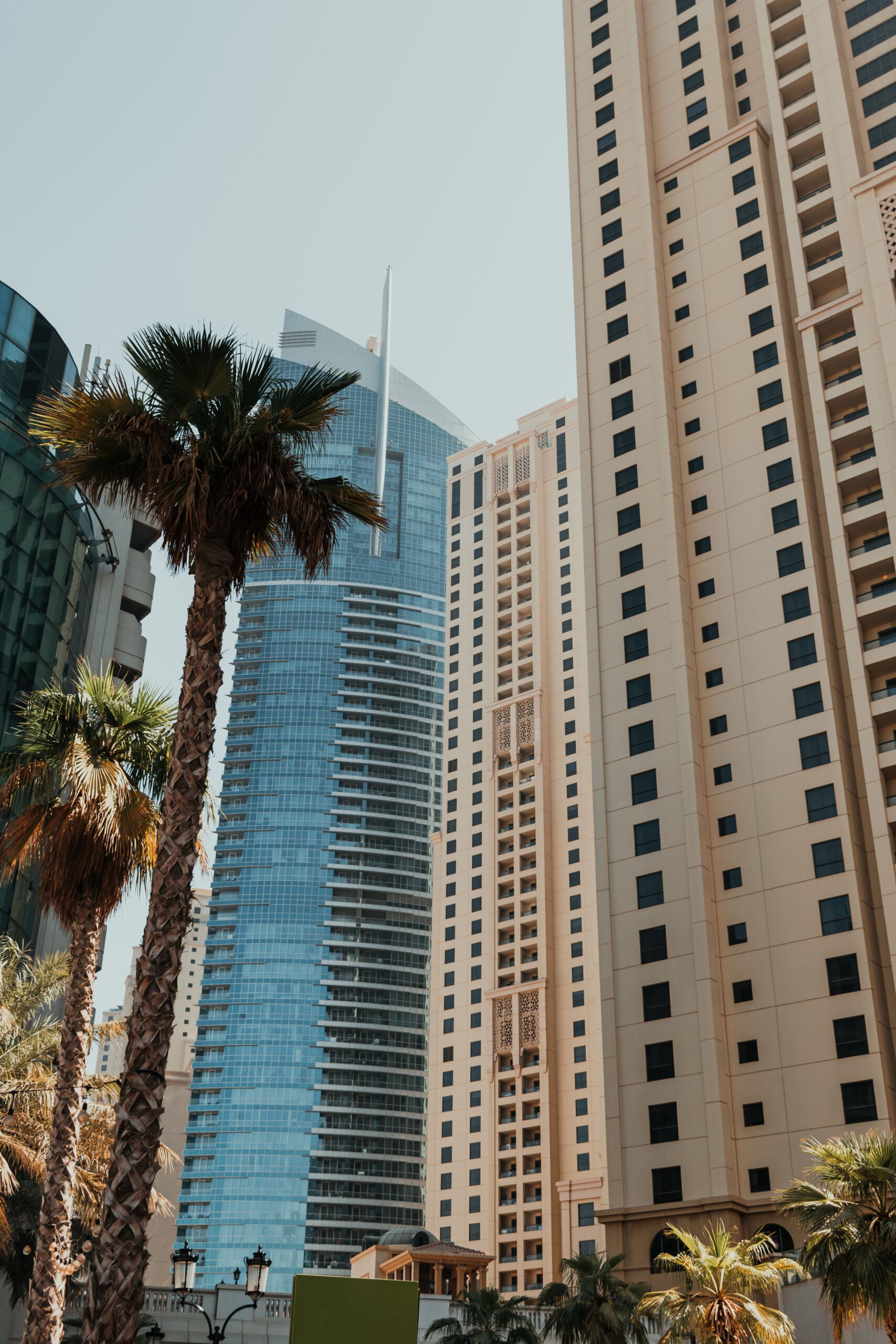 Modern Dubai high-rise apartment towers with palm trees in the foreground under a clear sky