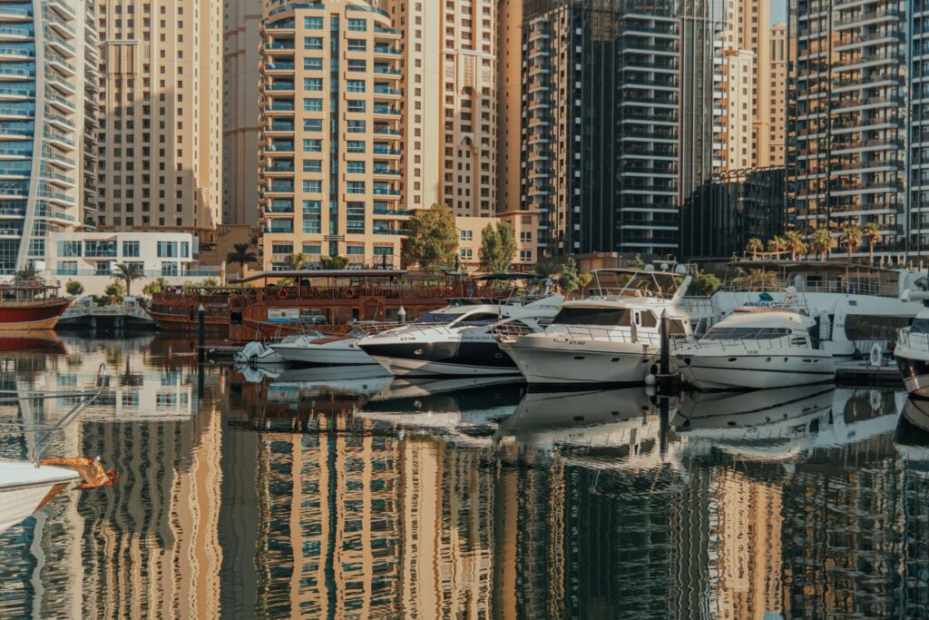 Golden-hour Dubai Marina waterfront view with docked yachts near Marina Diamond 5
