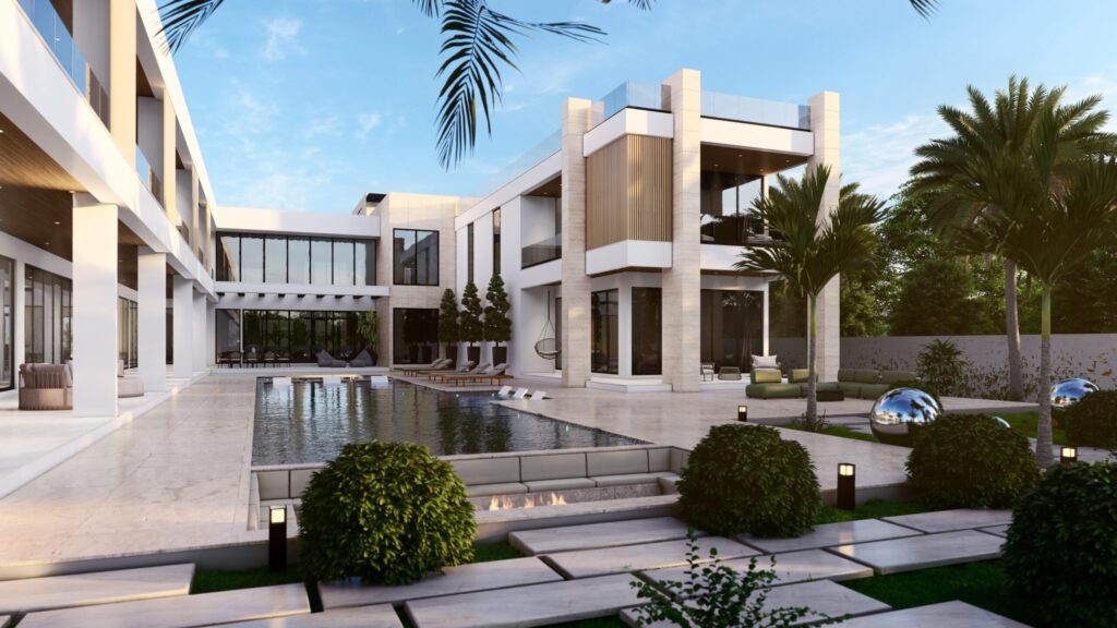 Modern white luxury villa with private pool and palm trees near Wellington Grand Villas, Meydan