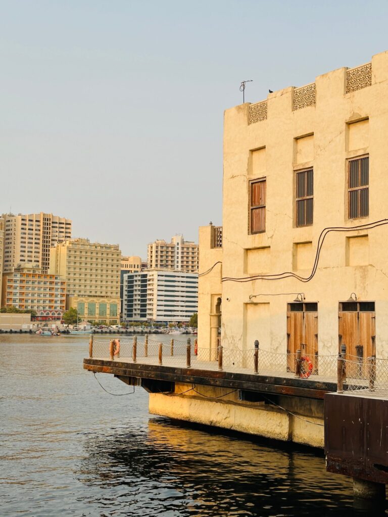 Traditional Arabian-style waterfront building on Dubai Creek near The Pearl, Culture Village, Al Jaddaf, Dubai