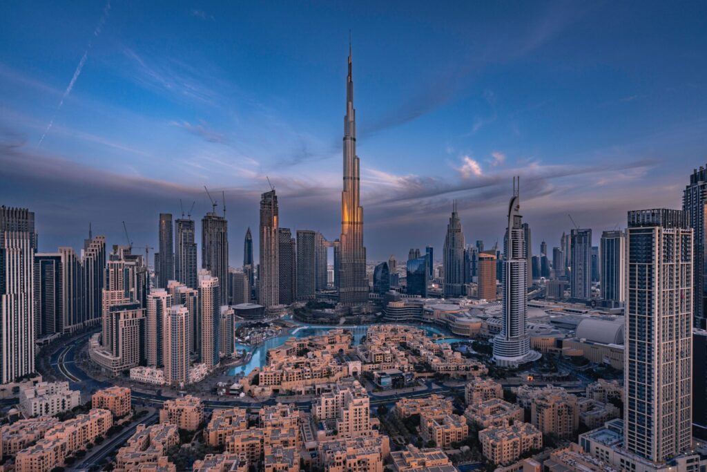 Aerial dusk view of Downtown Dubai skyline with Burj Khalifa, near Bayz 101 in Business Bay