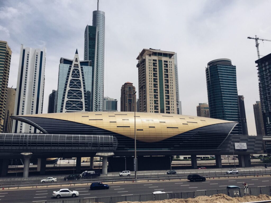 Dubai metro station with skyscrapers in the background