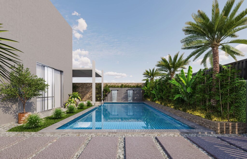 Private modern villa backyard pool and garden in a Dubai villa community, evocative of District 11 MBR City residential architecture