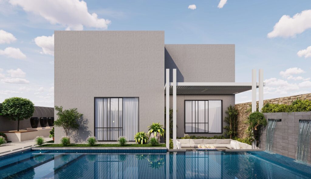 Modern minimalist villa exterior with a lap pool and outdoor lounge, representative of Dubai Hills Grove's contemporary custom-built mansion style in Dubai Hills Estate