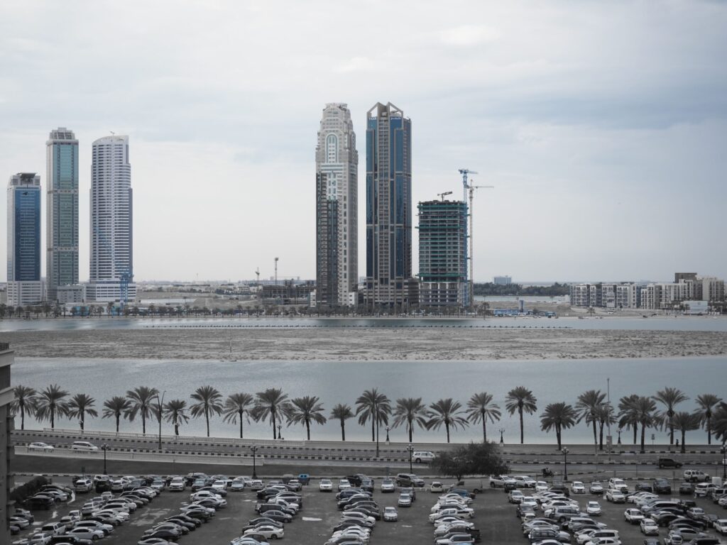 Waterfront Dubai skyline with towers under construction near 330 Riverside Crescent, Sobha Hartland II