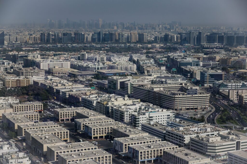 Aerial view of dense low-rise and mid-rise residential buildings across Dubai