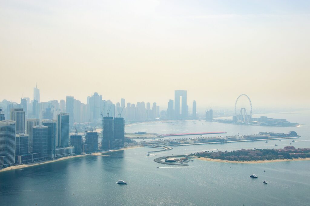 Aerial view of the Dubai Marina and JBR peninsula near Palace Beach Residence Tower 2, Emaar Beachfront