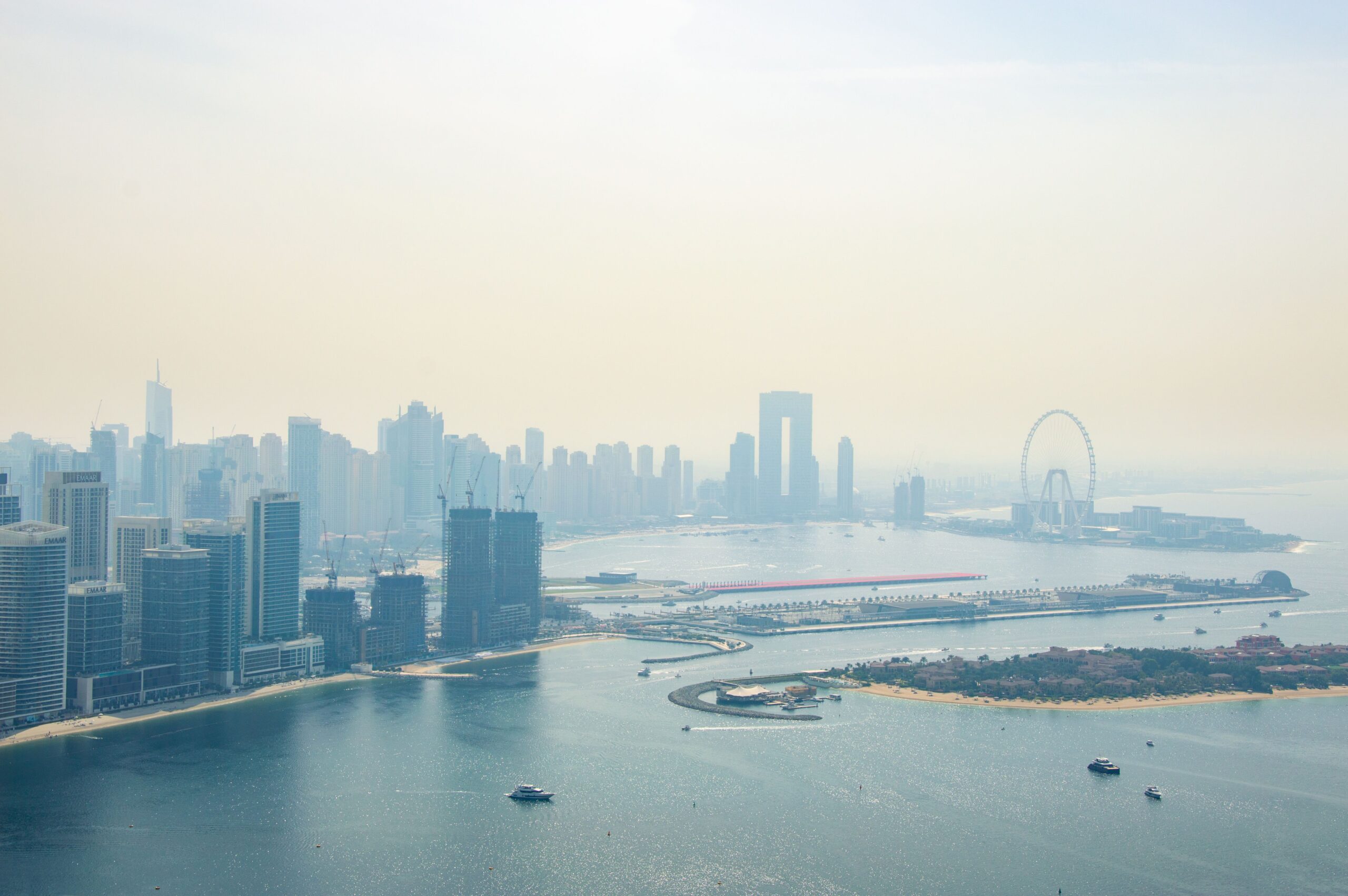 Aerial view of the Dubai Marina and JBR peninsula near Palace Beach Residence Tower 2, Emaar Beachfront