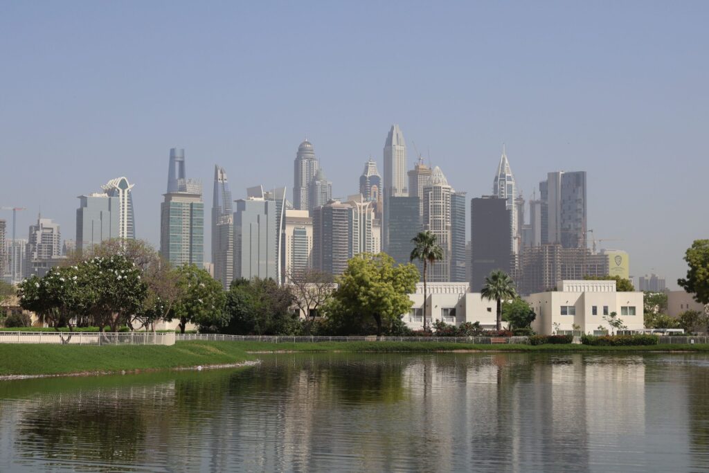 Daytime view of a landscaped park lake with palm trees and a Dubai high-rise skyline reflected in the water, evoking the park-adjacent setting of Park Field in Dubai Hills Estate