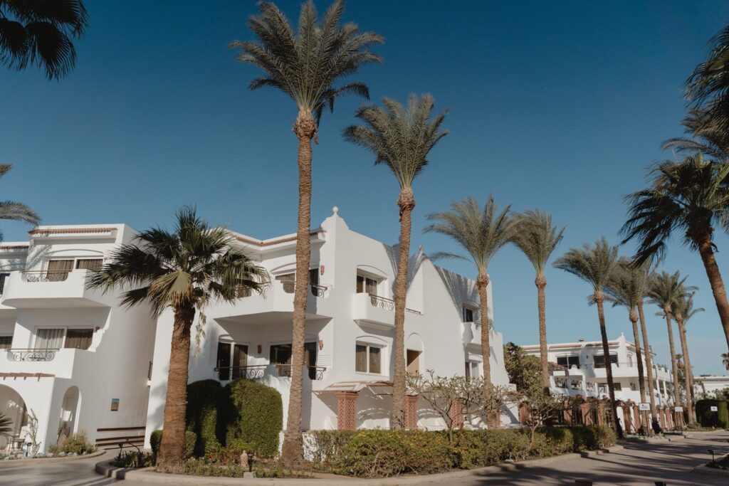 Row of white Mediterranean-style low-rise villas with tall palm trees near Indigo Ville 2, JVC