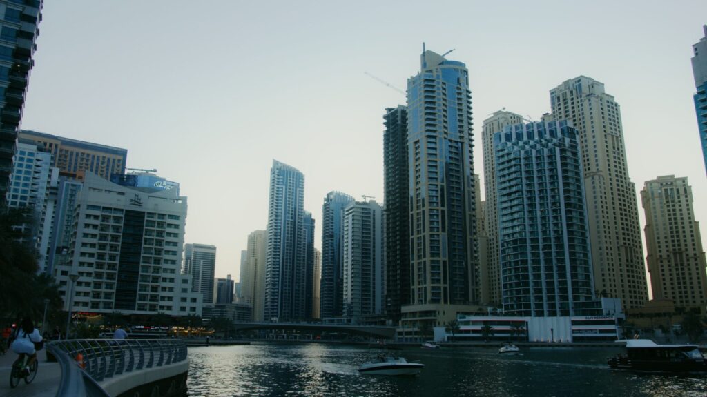 High-rise buildings beside a waterfront in Dubai in daylight
