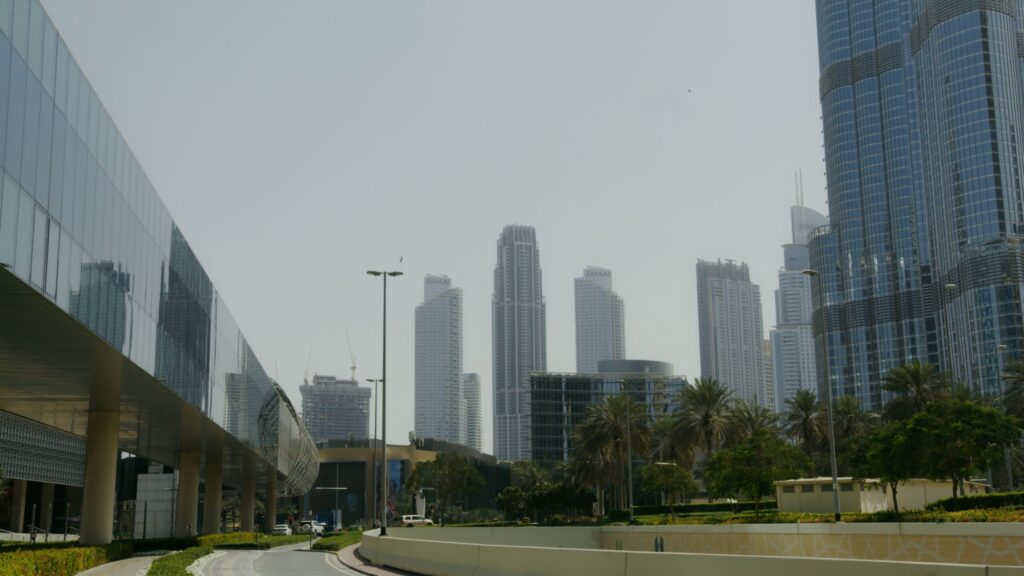 Downtown Dubai skyline of high-rise residential and office towers on a clear day