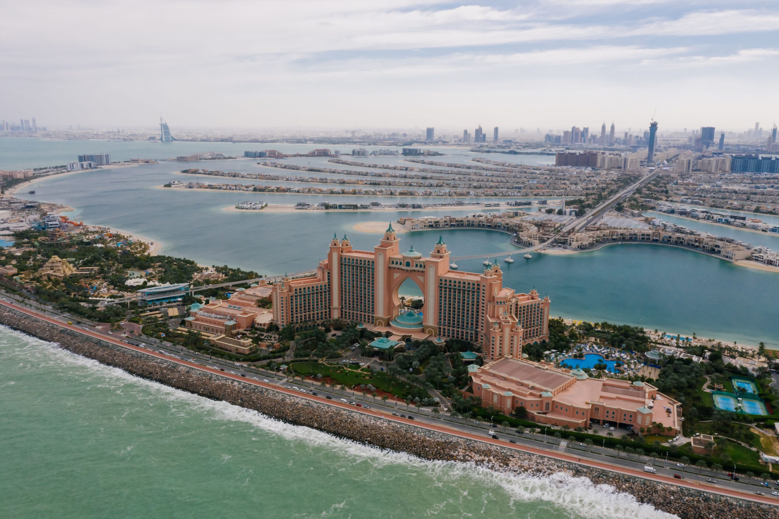 Aerial view of Palm Jumeirah with the Dubai skyline behind