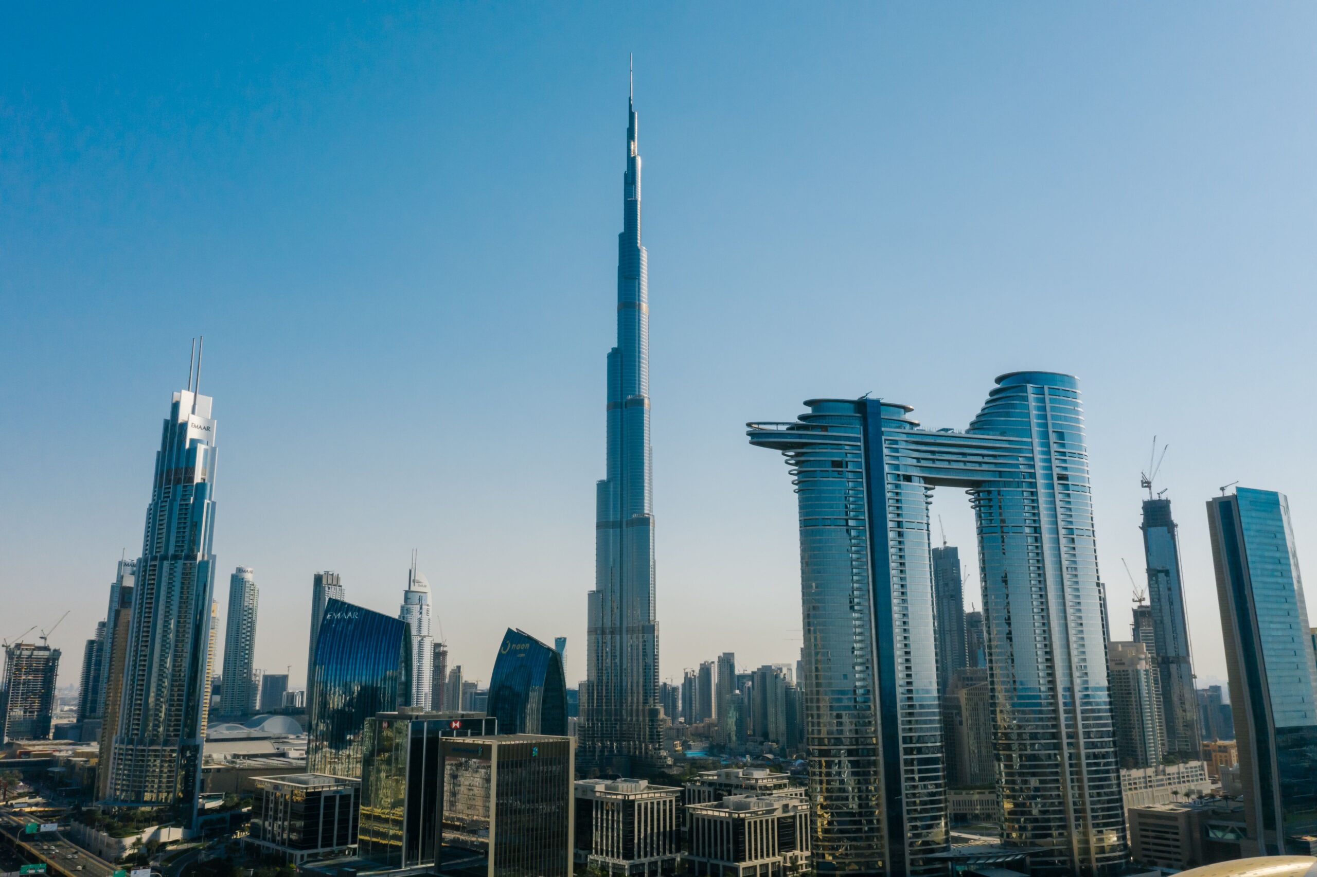 Burj Khalifa and the Downtown Dubai skyline in daylight, near Yansoon 9