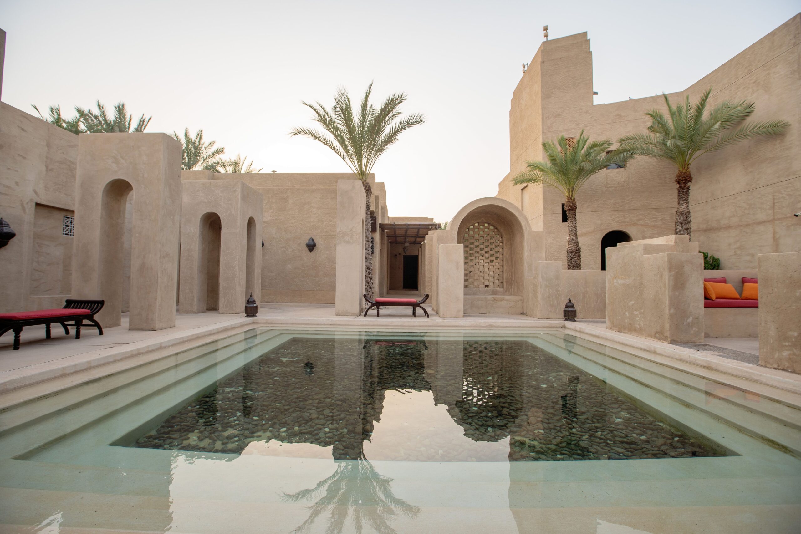 Sand-toned Gulf-style courtyard pool near Westar Vista, JVC