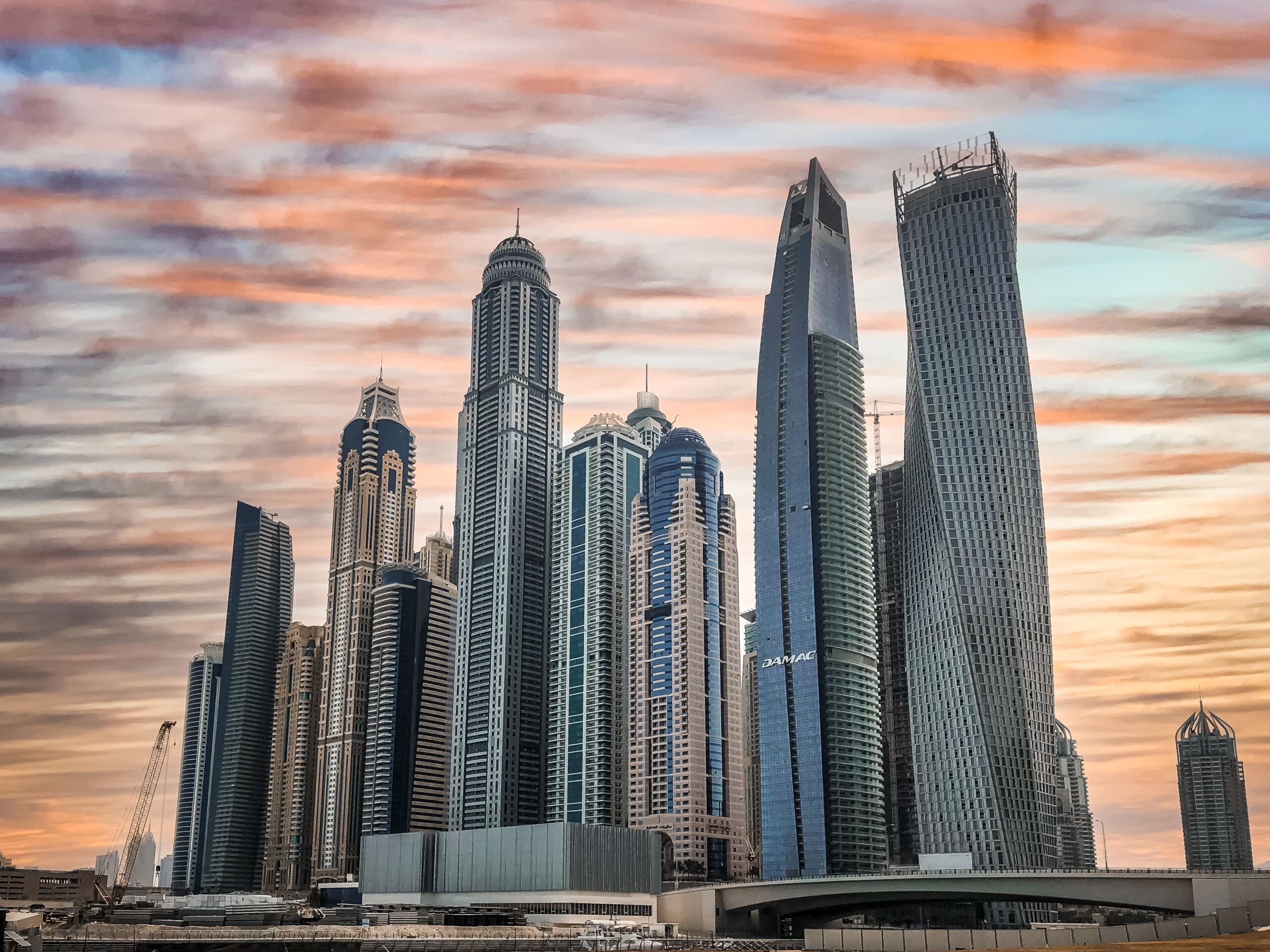High-rise residential towers in Dubai Marina at sunset